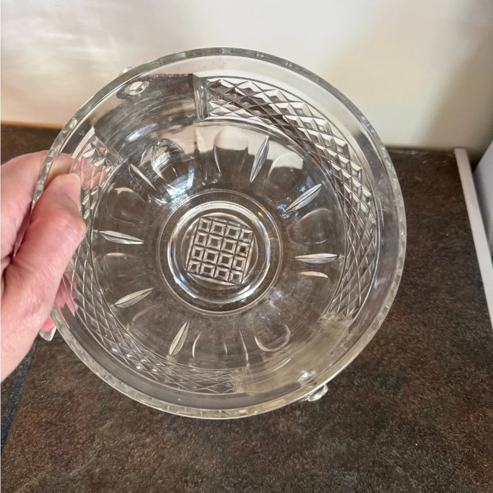 Vintage Cut Glass Ice Bucket Bowl w/ Metal Handle Barware